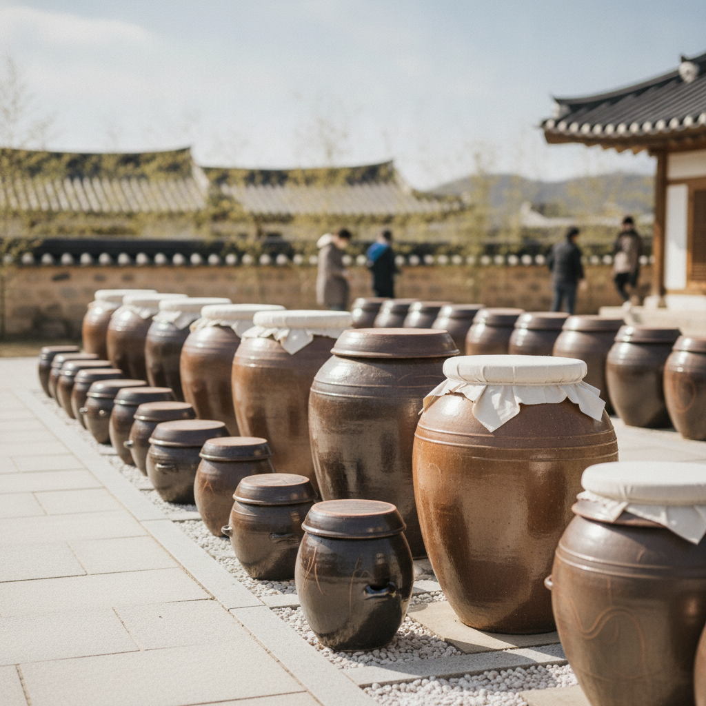 韓国の伝統的な甕（オンギ）が並ぶ庭先