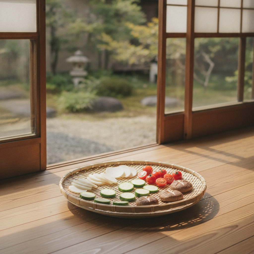 縁側で天日干しされる野菜