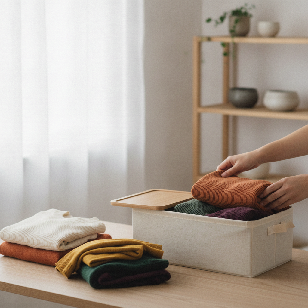 秋の衣替え、たたまれたセーターと収納箱