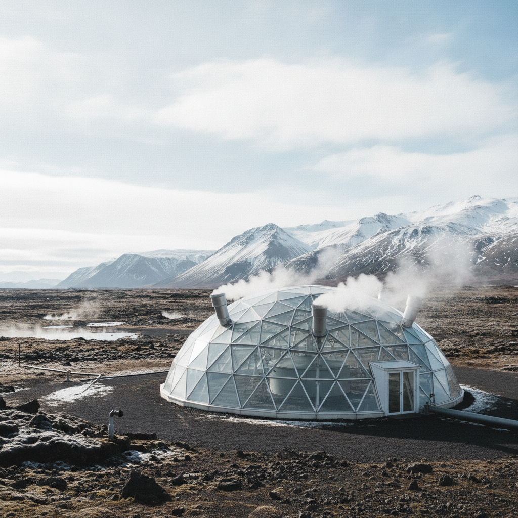 アイスランド、噴気の立つ地熱温室と火山の風景