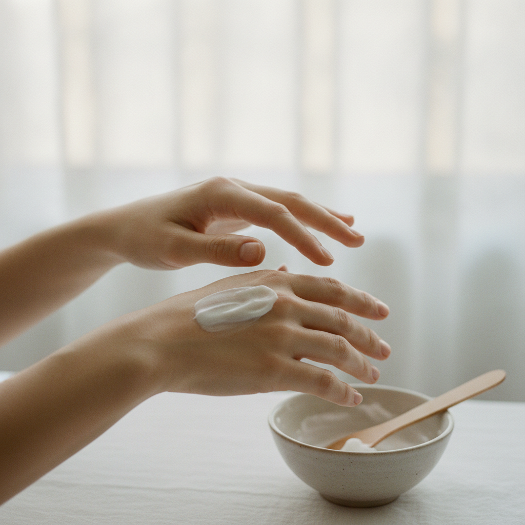 手にクリームをなじませる様子