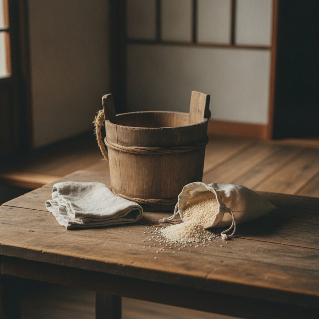 木の桶と布袋に入った米ぬか