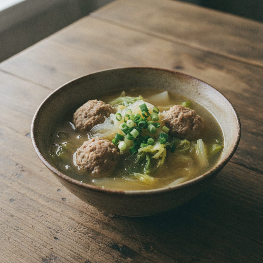 未来豚だんごと白菜の春雨スープ
