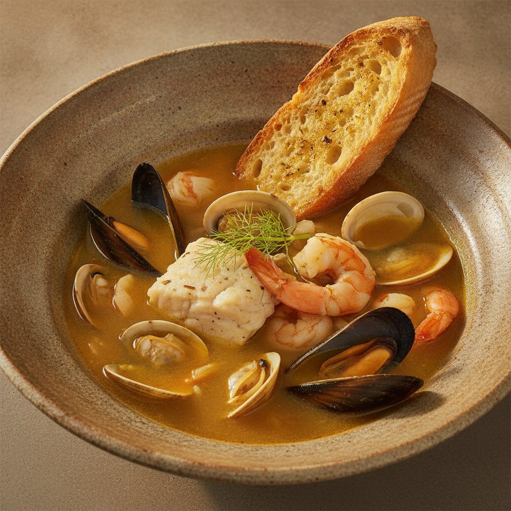 白身魚と貝のブイヤベース風スープ