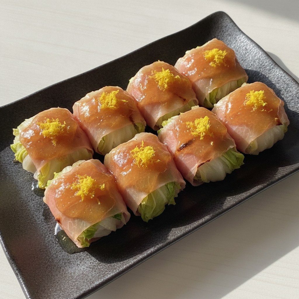 焼き白菜の生ハム巻き ぽん酢ジュレがけ