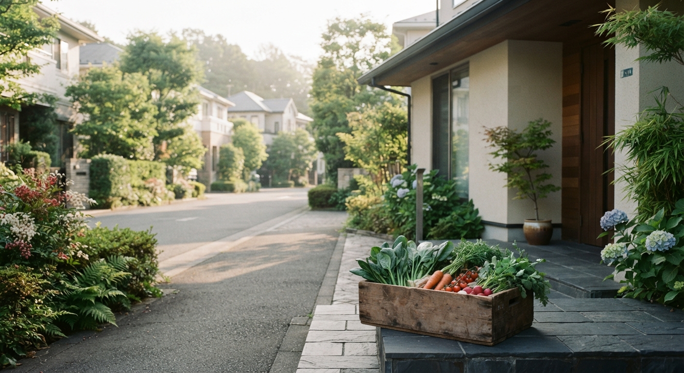青葉区の住宅街に届く朝の野菜宅配
