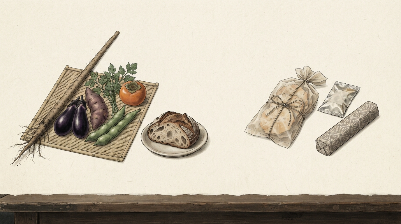 未加工の野菜と加工食品を並べて描いた静物画