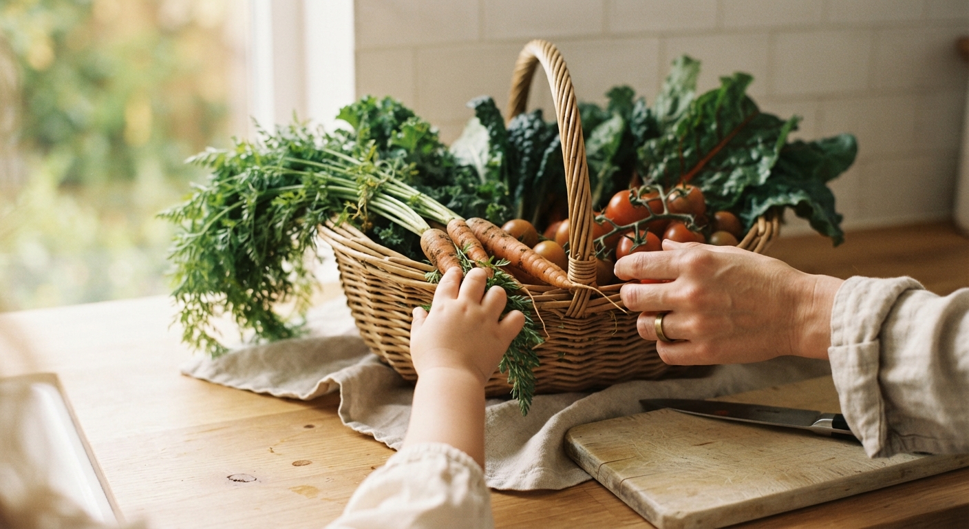 親子で野菜を手にするキッチンの風景